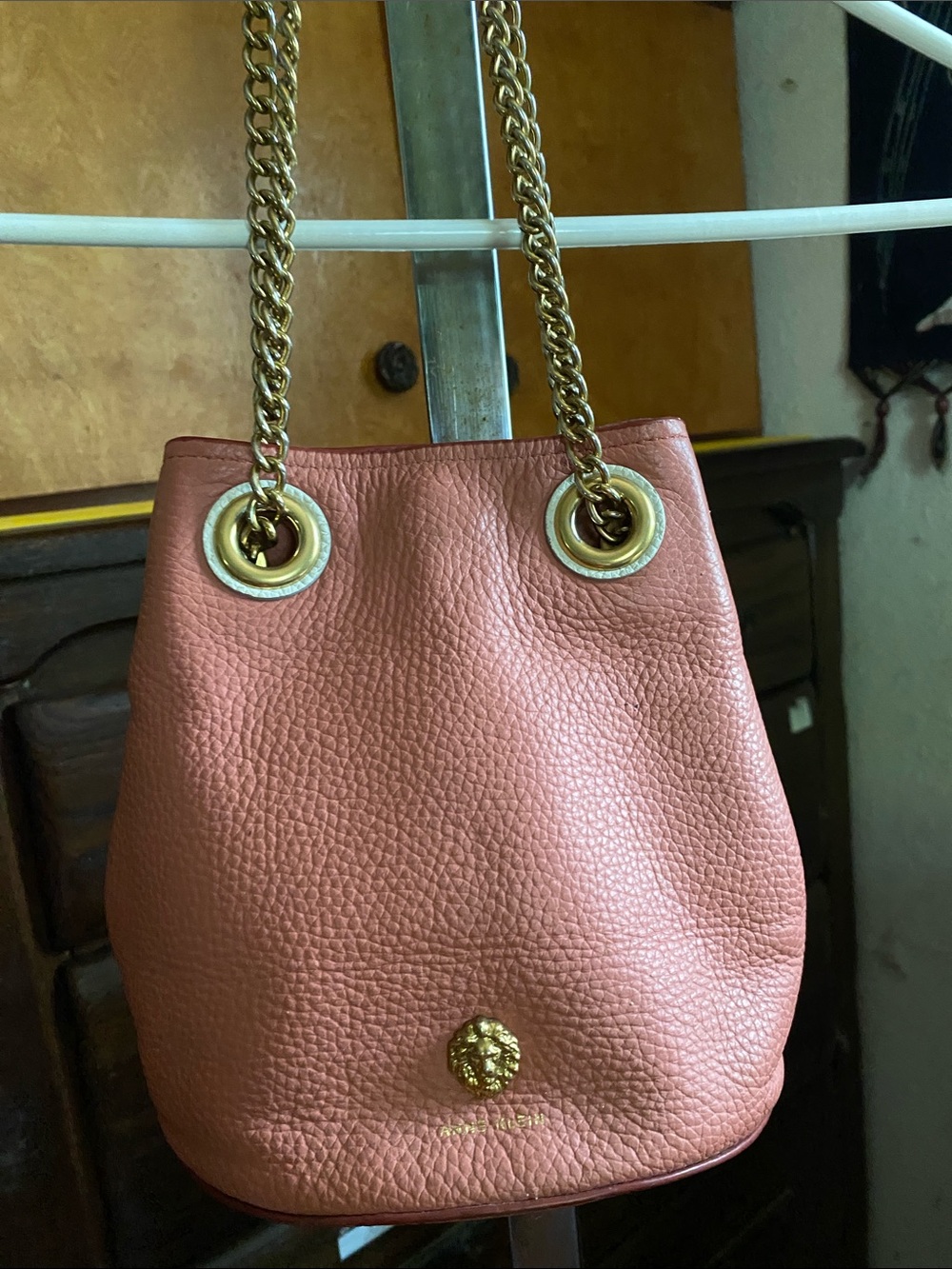 Anne Klein Peach Pink Pebbled Leather Chain-Handle Bucket Bag